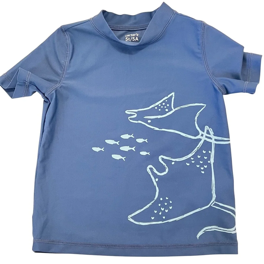 Carter's Toddler Boys Size 5 Stingray Rash Guard Swim Set UPF 50+ Blue 2 Piece